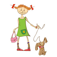 Little ginger girl in a green dress with a handbag walks her puppy
