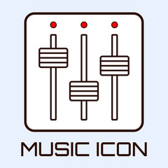 Lineart musical icon of mixing console, white on light blue background. Vector graphics.