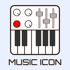 Lineart musical icon of midi keyboard or electric piano, white on light blue background. Vector graphics.

