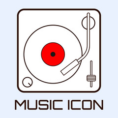 Lineart musical icon of vinyl deck, white on light blue background. Vector graphics.
