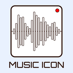 Lineart musical icon of audio waveform indicator, white on light blue background. Vector graphics.
