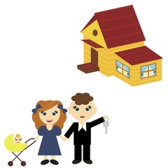 young family and new house on white background 