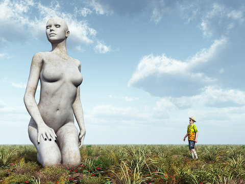 Skulptur einer knienden Frau und Betrachter