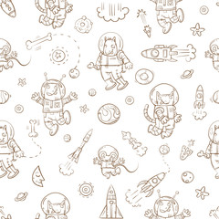 Space vector seamless pattern with cartoon animals astronauts, rockets, stars and planets on  white background.