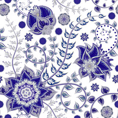 Vector seamless vintage floral pattern. Stylized silhouettes of flowers and leave on a white background. Fantasy colorful flowers. Persia backdrop