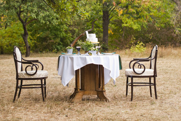 decorated table for two with floral composition on a background of park 