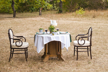 decorated table for two with floral composition on a background of park 