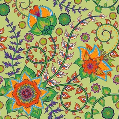 Fotobehang Vector seamless vintage floral pattern. Stylized silhouettes of flowers and leave on a green background. Fantasy orange flowers. Persia backdrop © leezarius