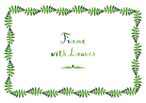 Watercolor fern leaves vector frame with handwritten text (horizontal in green colors)