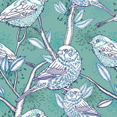 seamless pattern with the linear vector sparrow bird on a branch and flower