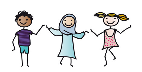 Gruppe von Schülern unterschiedlicher Herkunft - Inklusion und Integration, in der Schule gemeinsam lernen und spielen, deutsche Sprache, deutsch, Abstand halten, Antirassismus