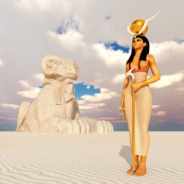 Göttin Hathor und Sphinx