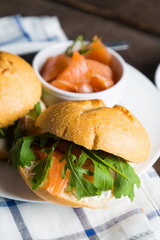 Sandwich with cream cheese salmon and arugula