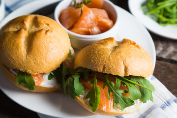 Sandwich with cream cheese salmon and arugula