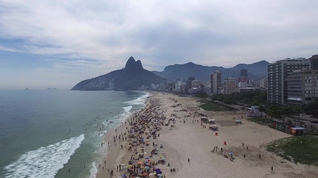 Aerial View of Crowd of People Ipanema Beach, Rio de Janeiro, Brazil