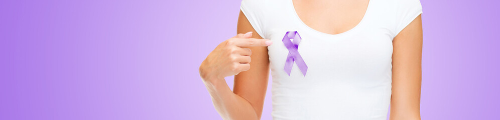 close up of woman with purple awareness ribbon