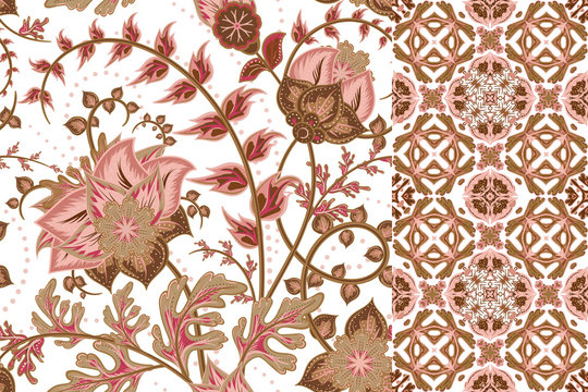 Set of floral seamless background and border with fantasy flowers, blossom and leave. Vector ornamental pattern set