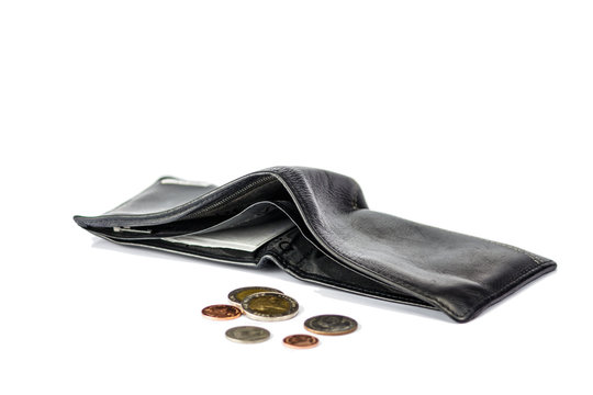 Wallet and coins isolated white background