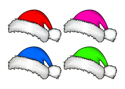 Santa hat, Christmas cap icon set, symbol, design. Winter vector illustration isolated on white background.