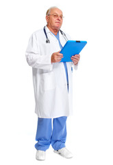 Elderly hospital doctor with clipboard.