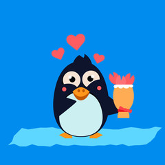 Cute Penguin on Iceberg with Flowers. Vector Illustration