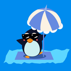 Penguin with Umbrella on the Iceberg. Vector Illustration