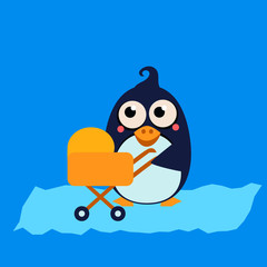 Penguin Mom and Baby in Stroller. Vector Illustration