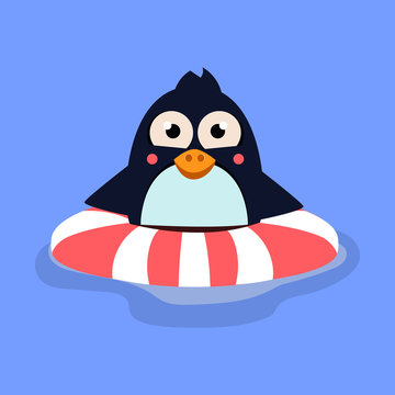 Funny Swimming Penguin with Lifebuoy. Vector Illustration