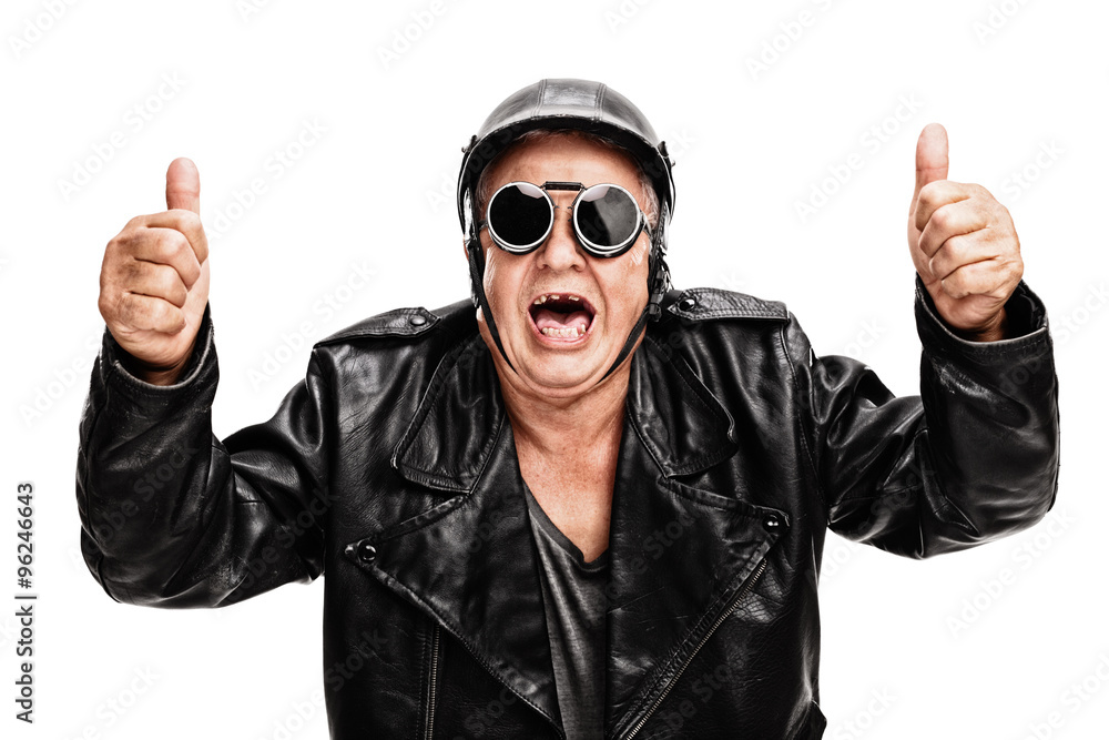 Poster Overjoyed senior biker giving two thumbs up