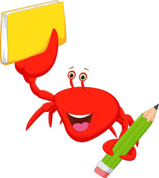 happy crab cartoon with books and pencil