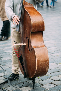 Street Busker performing jazz songs. Close up of contrabass.