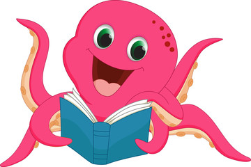 happy octopus reading a book