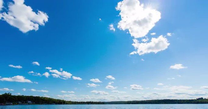 Sun and Sky Time Lapse on Lake. clouds fly fast over top during the wide angle lake and sky time lapse during summer.
