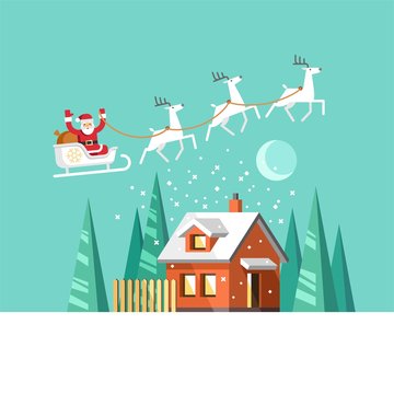 Santa Claus on sleigh and his reindeers. Winter house. Christmas card. Vector illustration, flat style.