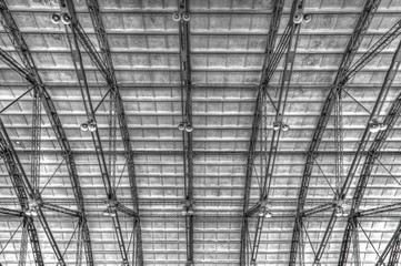 Metal roof on industrial building inside view