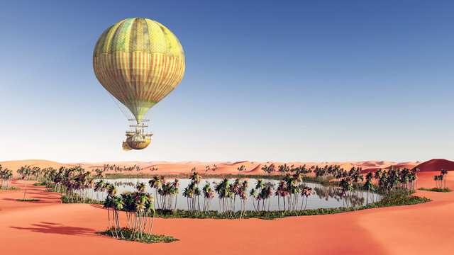 Fantasy hot air balloon over a desert oasis
