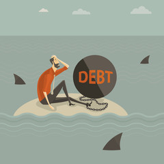 Abstract business concept of despondent, The man be trapped on the island, with a chain tied to the large steel letter DEBT, surrounded by sharks. Vector illustration cartoon modern style.