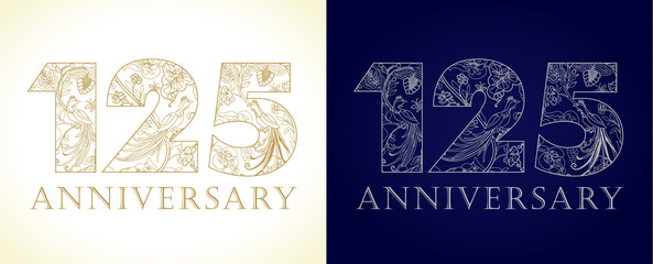 125 anniversary vintage logo. Template numbers of 125th jubilee in ethnic patterns and birds of paradise. 