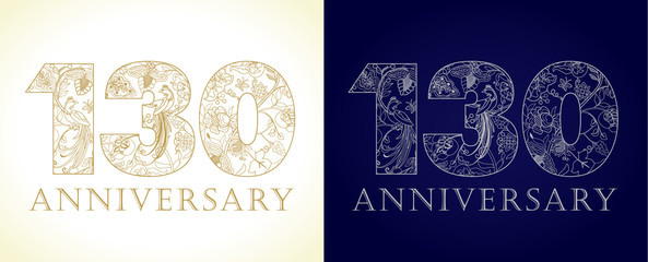 130 anniversary vintage logo. Template numbers of 130th jubilee in ethnic patterns and birds of paradise.  - obrazy, fototapety, plakaty