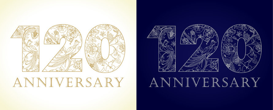 120 anniversary vintage logo. Template numbers of 120th jubilee in ethnic patterns and birds of paradise. 