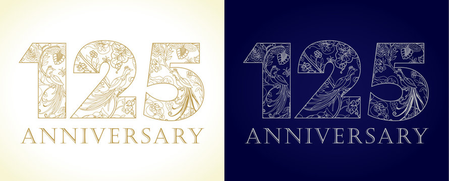 125 anniversary vintage logo. Template numbers of 125th jubilee in ethnic patterns and birds of paradise. 