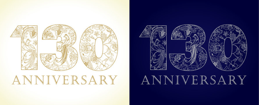 130 anniversary vintage logo. Template numbers of 130th jubilee in ethnic patterns and birds of paradise. 