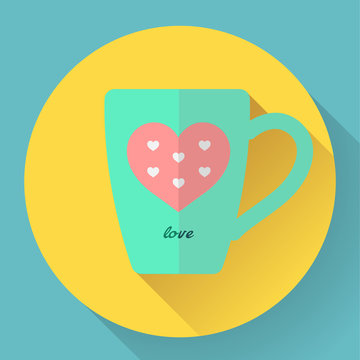 Hot coffee or tea cup flat icon with pink heart. Sign Love. Vector illustration.
