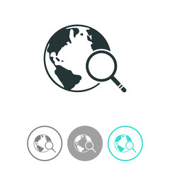 Global search vector icon. World globe symbol. Earth with magnifying glass search icon.