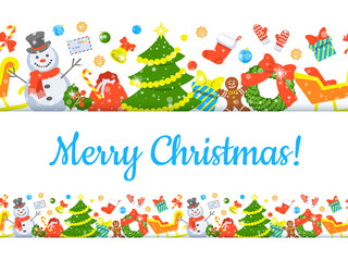 Stoffe zum Nähen Weihnachten Hintergrund horizontale Kopf vektor nahtlose Banner mit Feiertag Feier Symbole. Festliche dekorative Girlande für Website, Einladung, Grußkarte. Winter saisonale Ornament