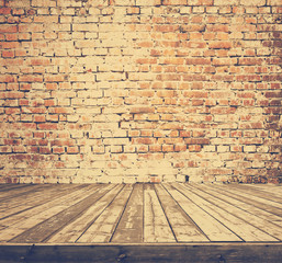 old room with brick wall, retro filtered, instagram style