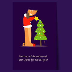 Funny dog and Christmas tree. Flat 