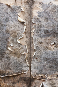 Aged Room Wall Background With Torn Vintage Wallpaper.