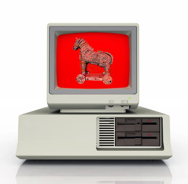 Warnsymbol für das Computerprogramm Trojanisches Pferd auf einem PC Monitor
