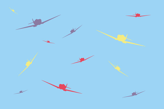 Multicolored fighter planes in the sky